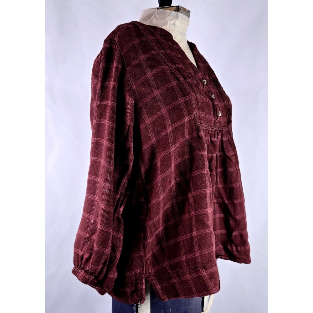 Wrangler Plaid Tunic Top Blouse Burgundy Pleated Long Sleeve Sm Western‎ Boho